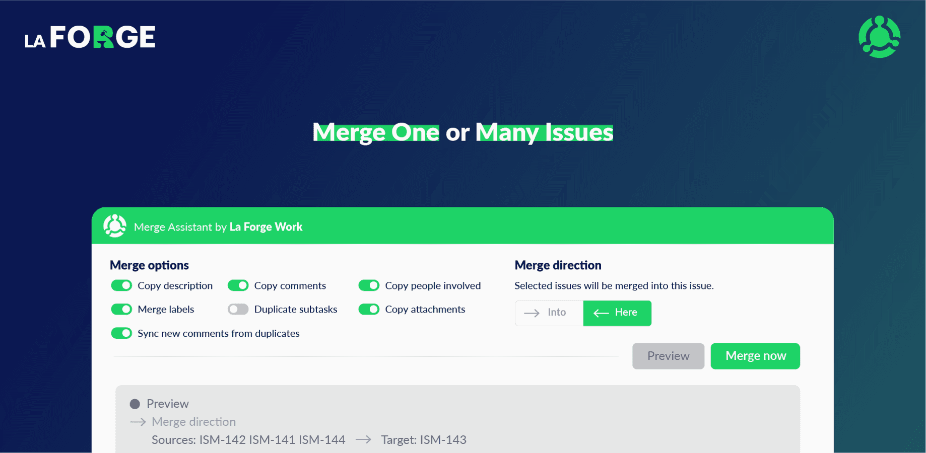 Merge one or many issues with granular control and preview